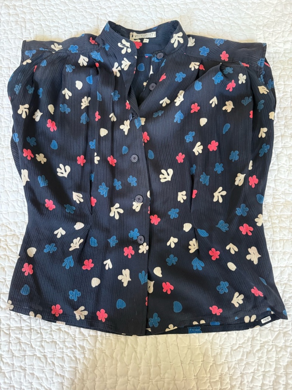 Vintage Givenchy Navy Floral Button-Down Blouse with Pink & Cream Accents